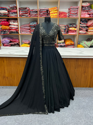 Black Elegant Pure Soft Fox Georgette Lehenga Choli with Designer Blouse and Dupatta – Fully Stitched, Ready to Wear