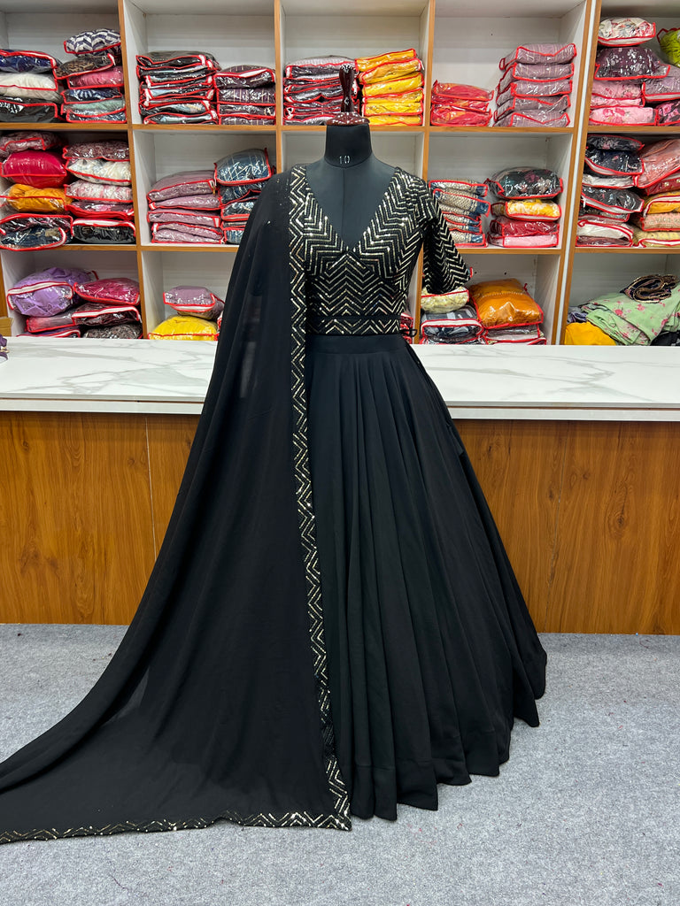 Black Elegant Pure Soft Fox Georgette Lehenga Choli with Designer Blouse and Dupatta – Fully Stitched, Ready to Wear