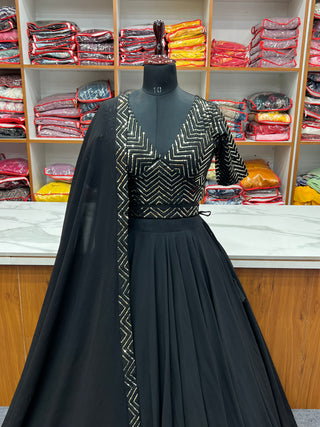Black Elegant Pure Soft Fox Georgette Lehenga Choli with Designer Blouse and Dupatta – Fully Stitched, Ready to Wear