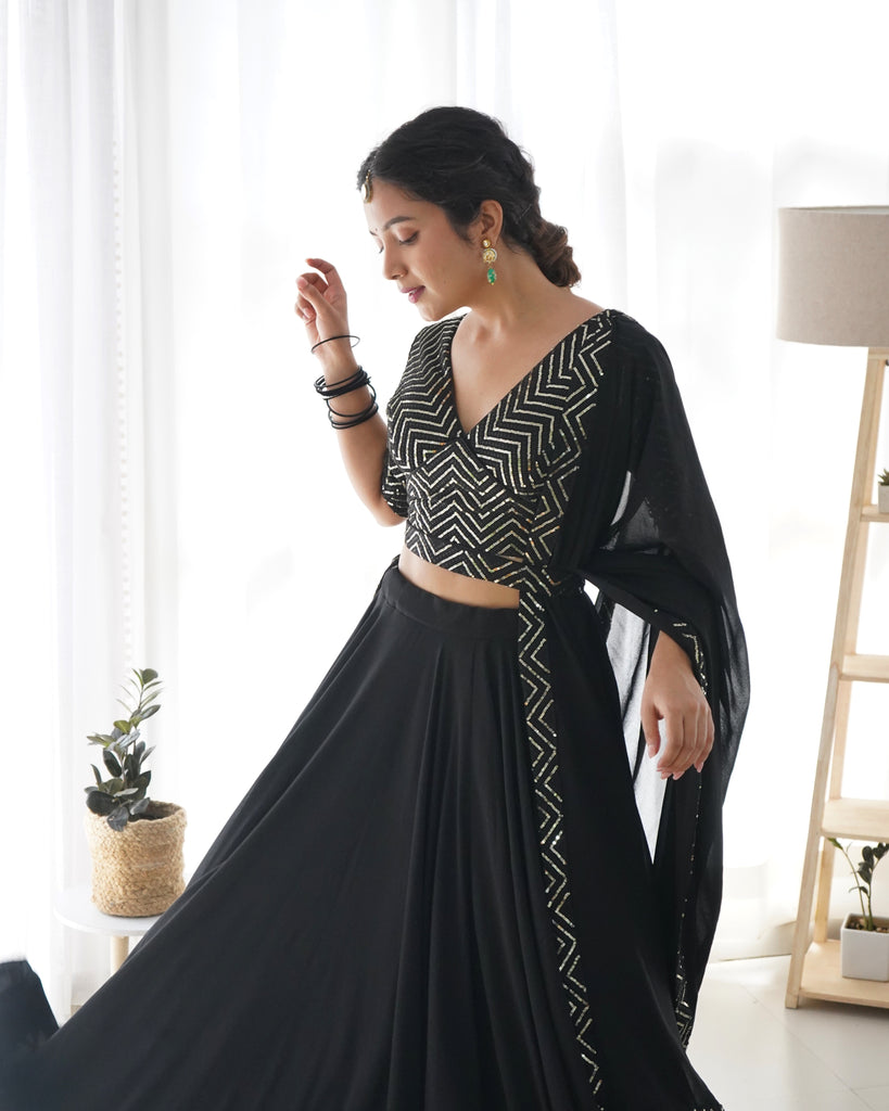 Black Elegant Pure Soft Fox Georgette Lehenga Choli with Designer Blouse and Dupatta – Fully Stitched, Ready to Wear
