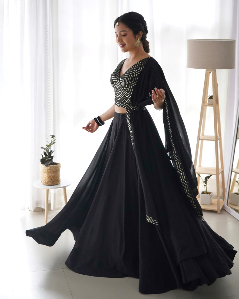 Black Elegant Pure Soft Fox Georgette Lehenga Choli with Designer Blouse and Dupatta – Fully Stitched, Ready to Wear