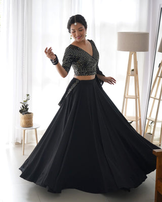 Black Elegant Pure Soft Fox Georgette Lehenga Choli with Designer Blouse and Dupatta – Fully Stitched, Ready to Wear