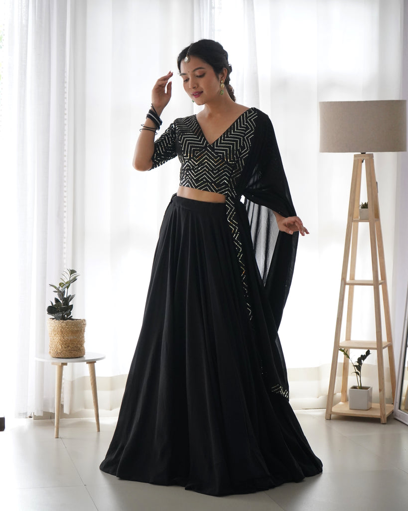 Black Elegant Pure Soft Fox Georgette Lehenga Choli with Designer Blouse and Dupatta – Fully Stitched, Ready to Wear