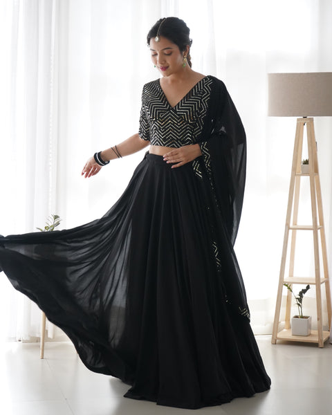 Black Elegant Pure Soft Fox Georgette Lehenga Choli with Designer Blouse and Dupatta – Fully Stitched, Ready to Wear Main image