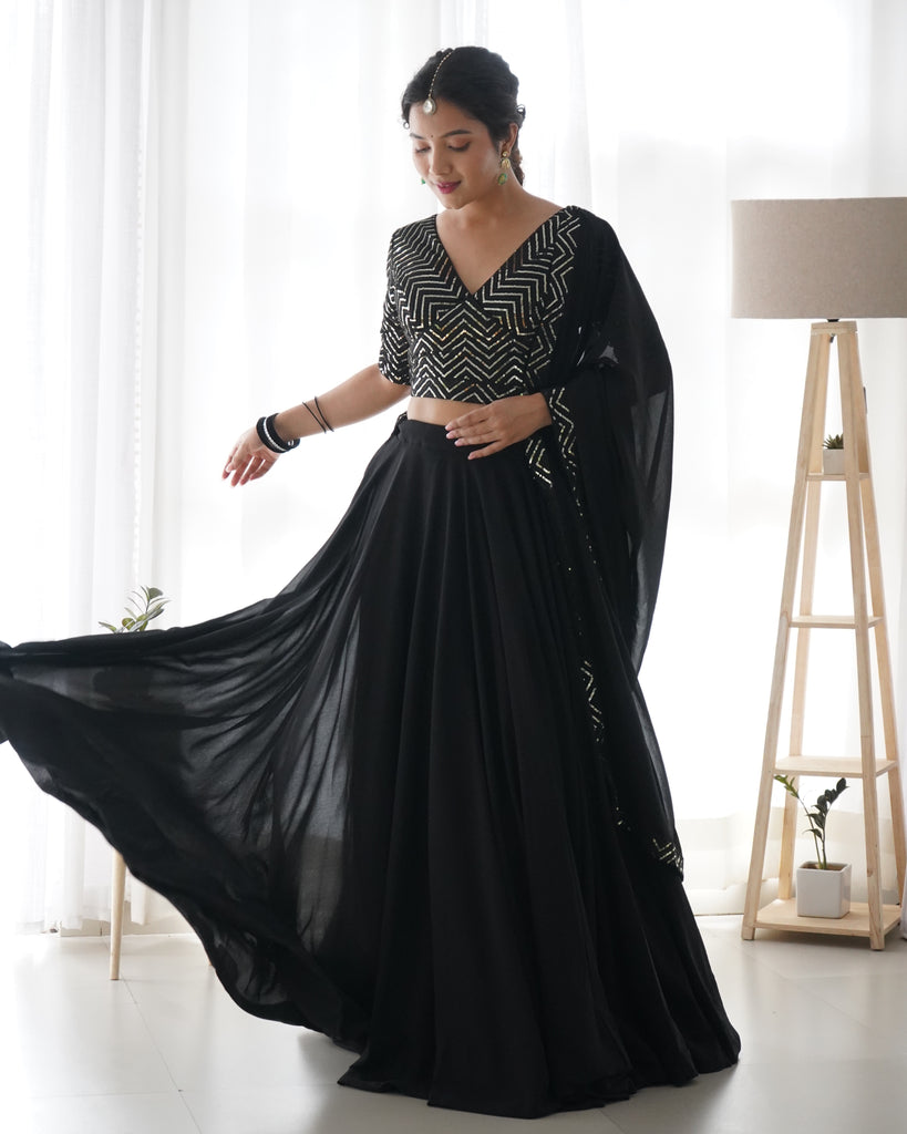 Black Elegant Pure Soft Fox Georgette Lehenga Choli with Designer Blouse and Dupatta – Fully Stitched, Ready to Wear