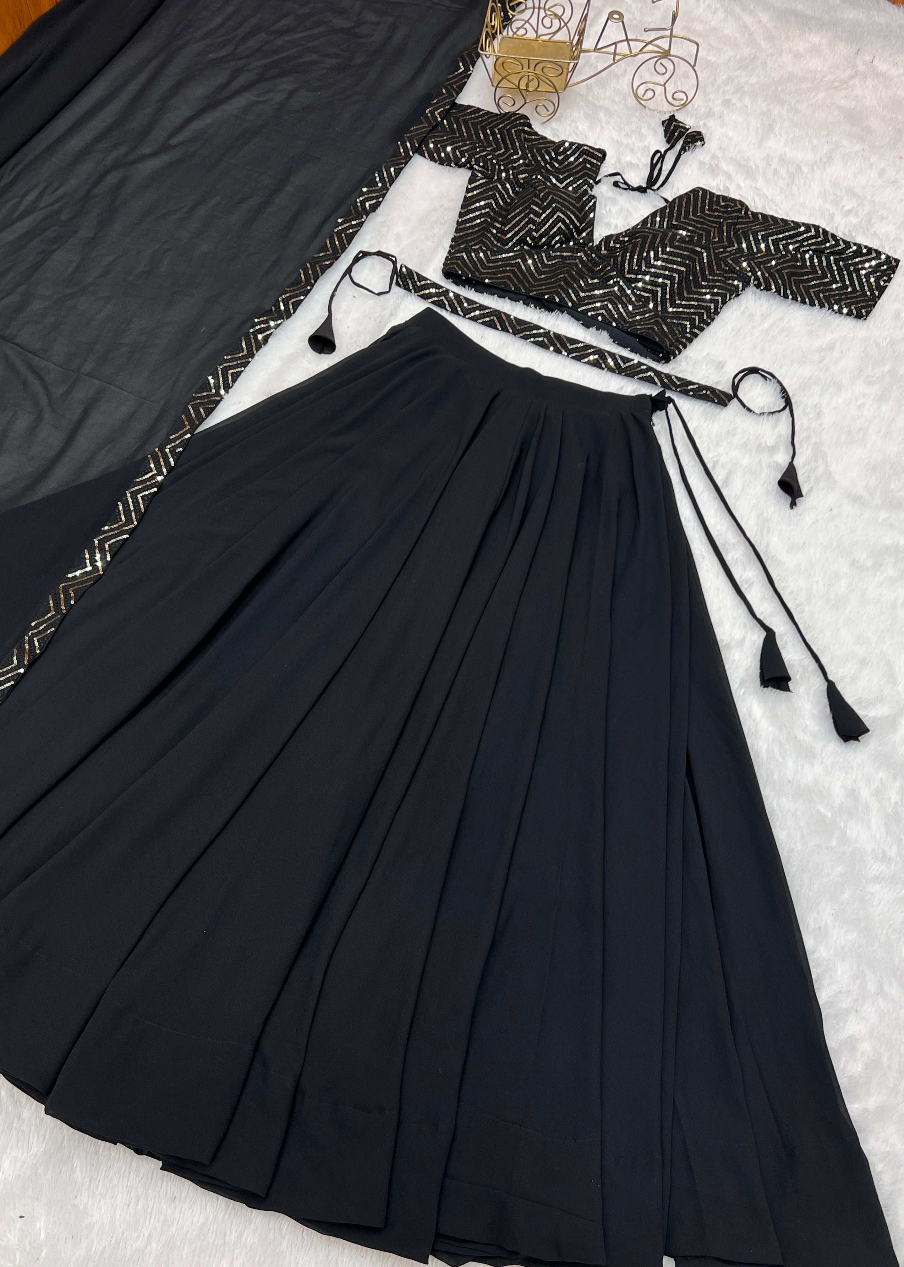 Black Elegant Pure Soft Fox Georgette Lehenga Choli with Designer Blouse and Dupatta – Fully Stitched, Ready to Wear