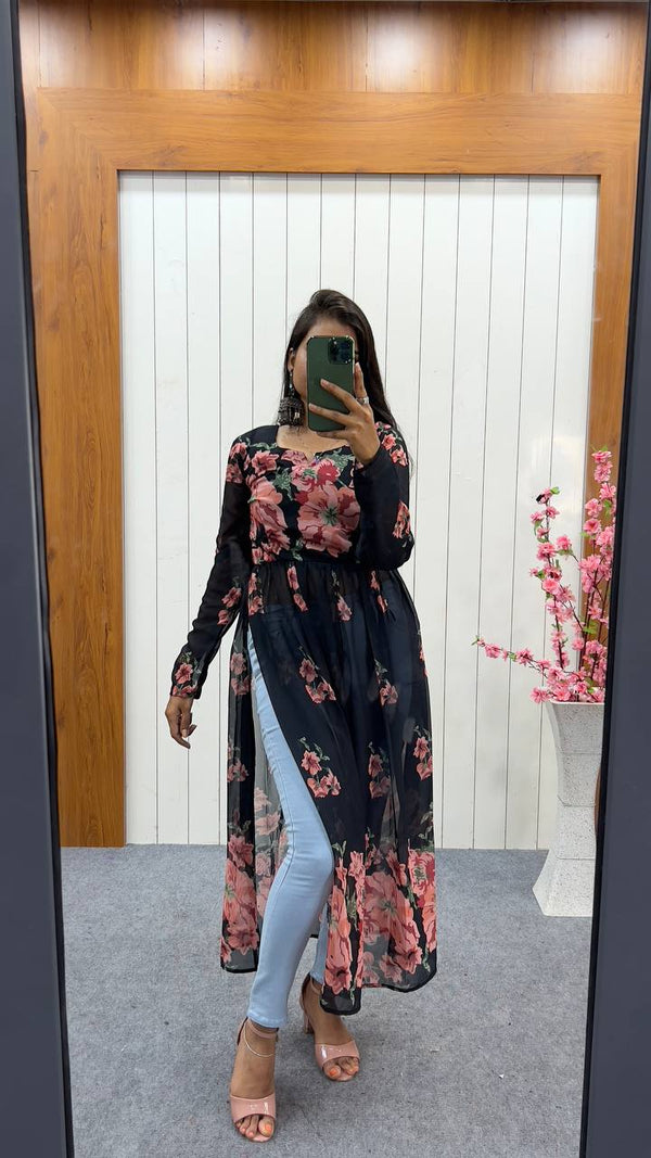 Black Elegant Pure Soft Fox Georgette Printed Nyra Cut Kurta
