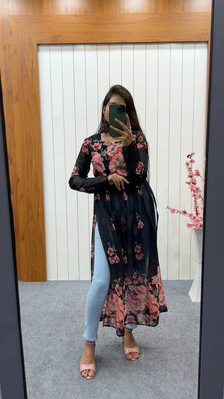 Black Elegant Pure Soft Fox Georgette Printed Nyra Cut Kurta Main image