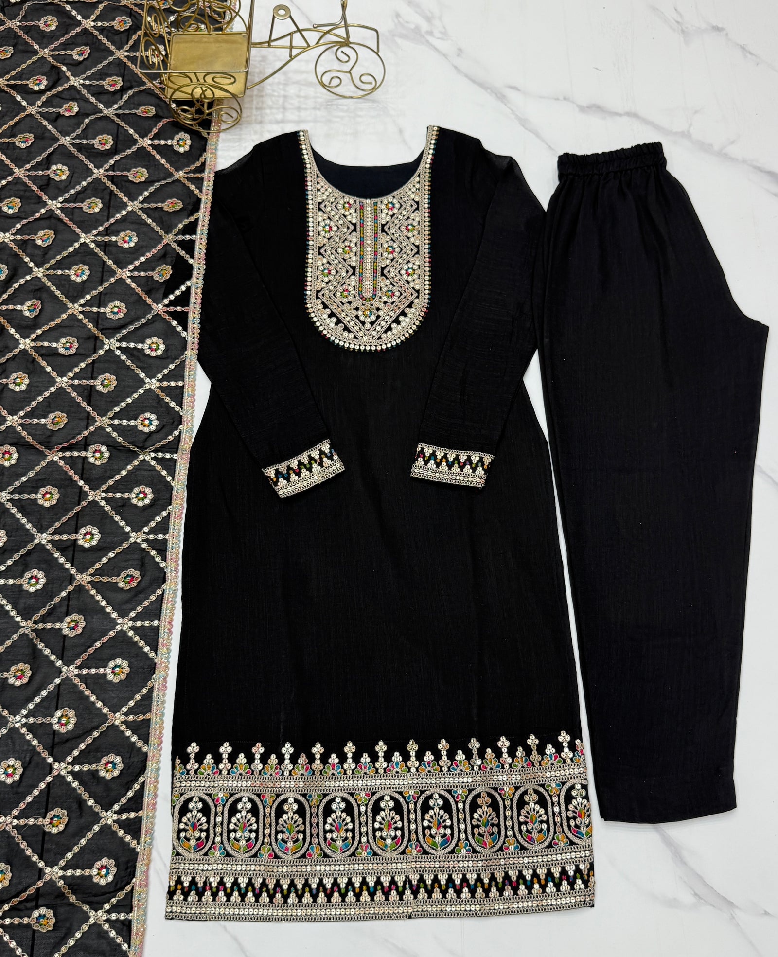 Black Elegant Pure Vichitra Silk Embroidered Kurta with Dupatta & Trousers – Ready to Wear Set