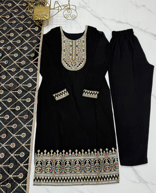 Black Elegant Pure Vichitra Silk Embroidered Kurta with Dupatta & Trousers – Ready to Wear Set
