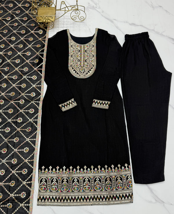 Black Elegant Pure Vichitra Silk Embroidered Kurta with Dupatta & Trousers – Ready to Wear Set