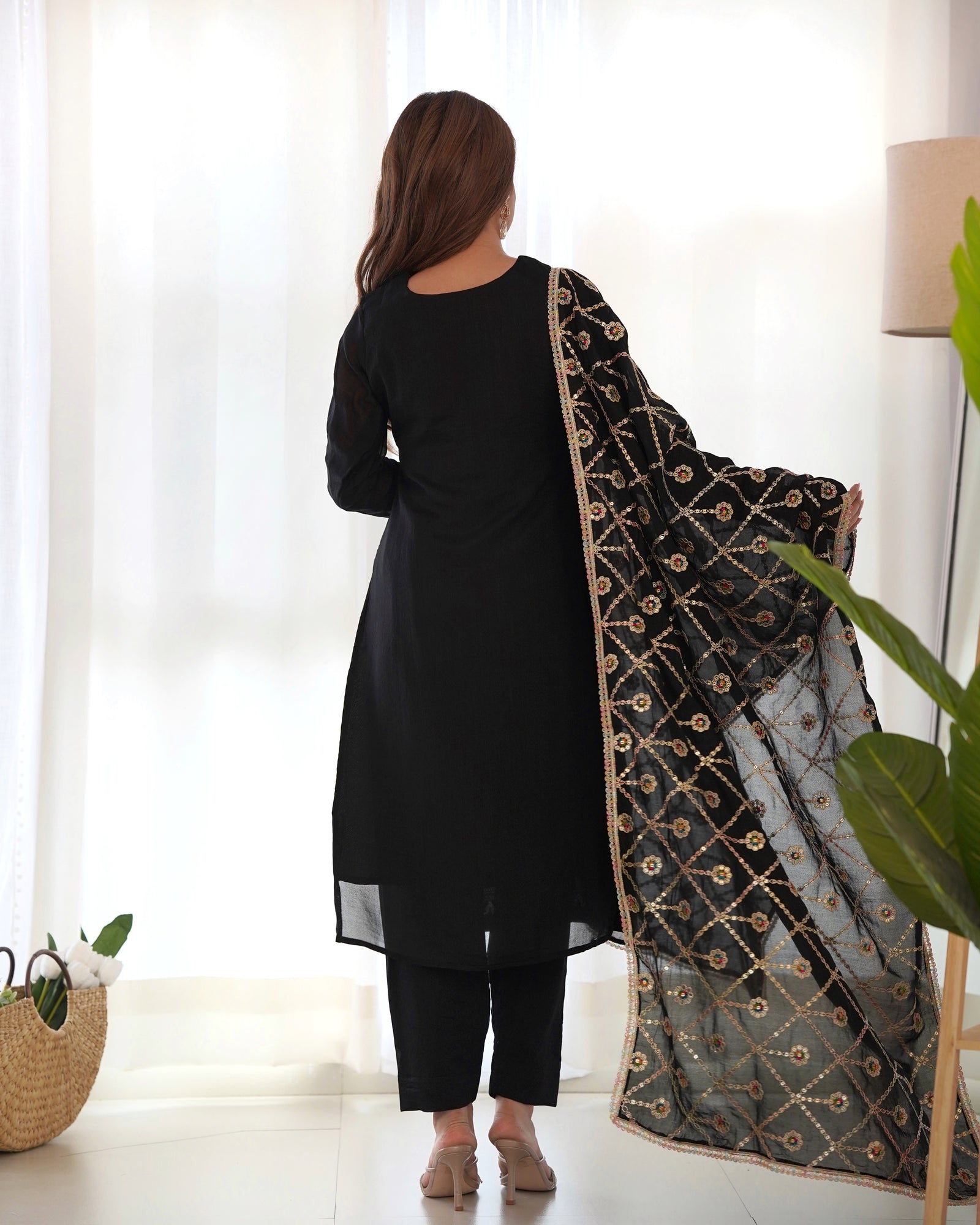 Black Elegant Pure Vichitra Silk Embroidered Kurta with Dupatta & Trousers – Ready to Wear Set