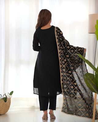 Black Elegant Pure Vichitra Silk Embroidered Kurta with Dupatta & Trousers – Ready to Wear Set