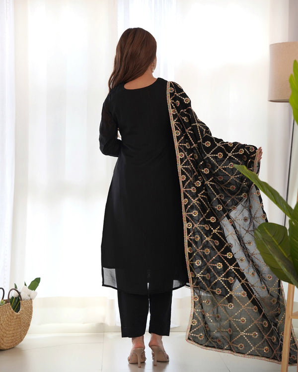 Black Elegant Pure Vichitra Silk Embroidered Kurta with Dupatta & Trousers – Ready to Wear Set