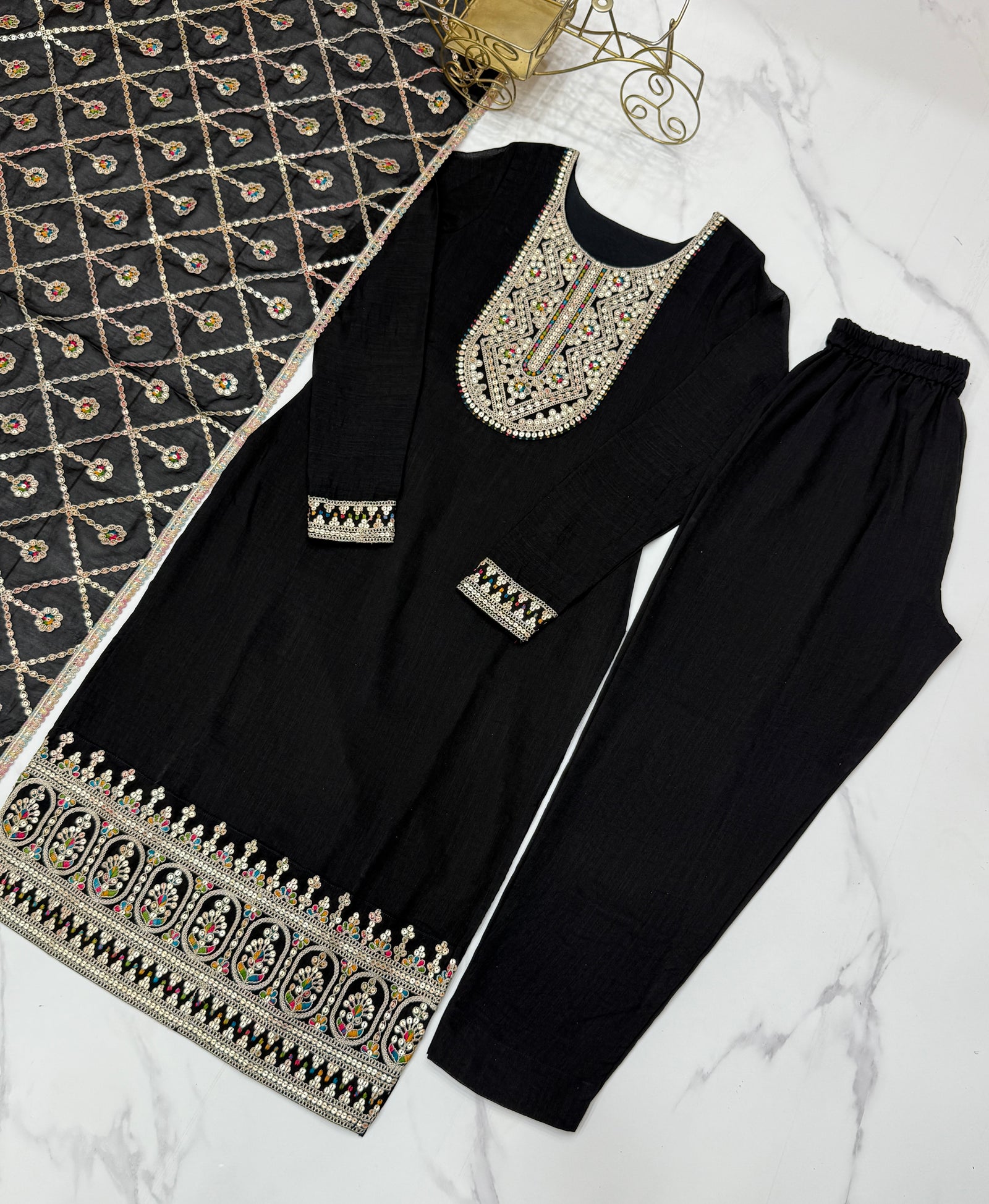 Black Elegant Pure Vichitra Silk Embroidered Kurta with Dupatta & Trousers – Ready to Wear Set