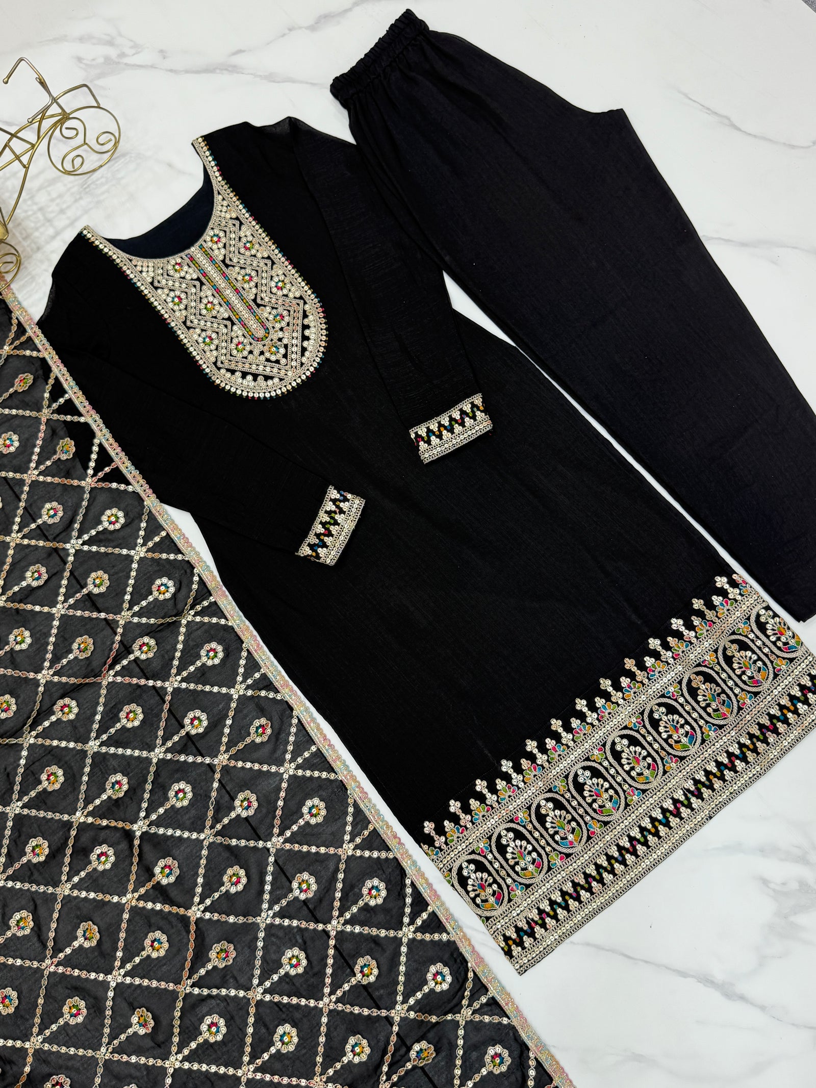 Black Elegant Pure Vichitra Silk Embroidered Kurta with Dupatta & Trousers – Ready to Wear Set