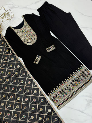 Black Elegant Pure Vichitra Silk Embroidered Kurta with Dupatta & Trousers – Ready to Wear Set