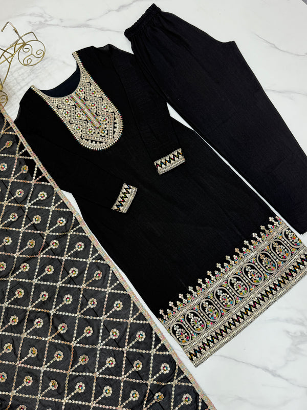 Black Elegant Pure Vichitra Silk Embroidered Kurta with Dupatta & Trousers – Ready to Wear Set