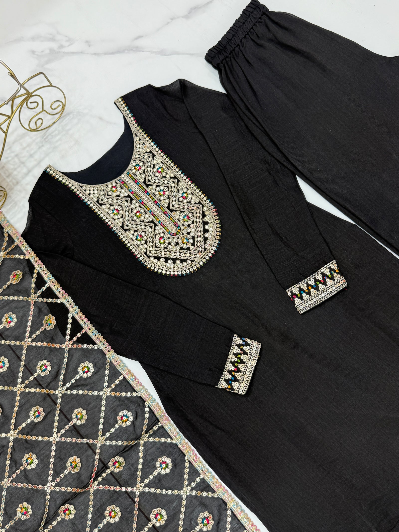 Black Elegant Pure Vichitra Silk Embroidered Kurta with Dupatta & Trousers – Ready to Wear Set
