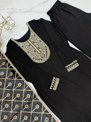 Black Elegant Pure Vichitra Silk Embroidered Kurta with Dupatta & Trousers – Ready to Wear Set