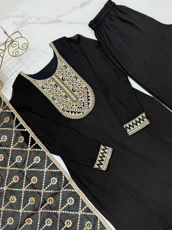 Black Elegant Pure Vichitra Silk Embroidered Kurta with Dupatta & Trousers – Ready to Wear Set