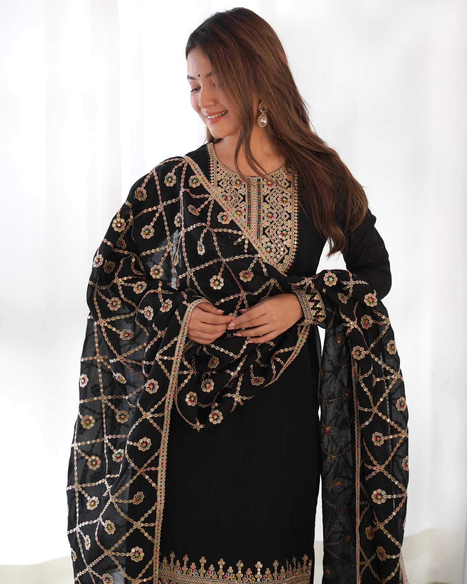 Black Elegant Pure Vichitra Silk Embroidered Kurta with Dupatta & Trousers – Ready to Wear Set