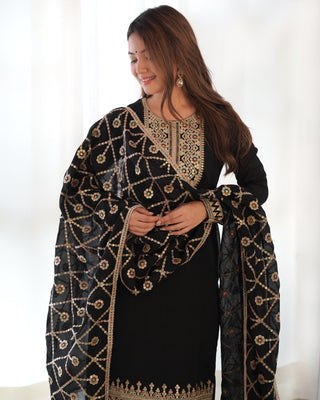 Black Elegant Pure Vichitra Silk Embroidered Kurta with Dupatta & Trousers – Ready to Wear Set