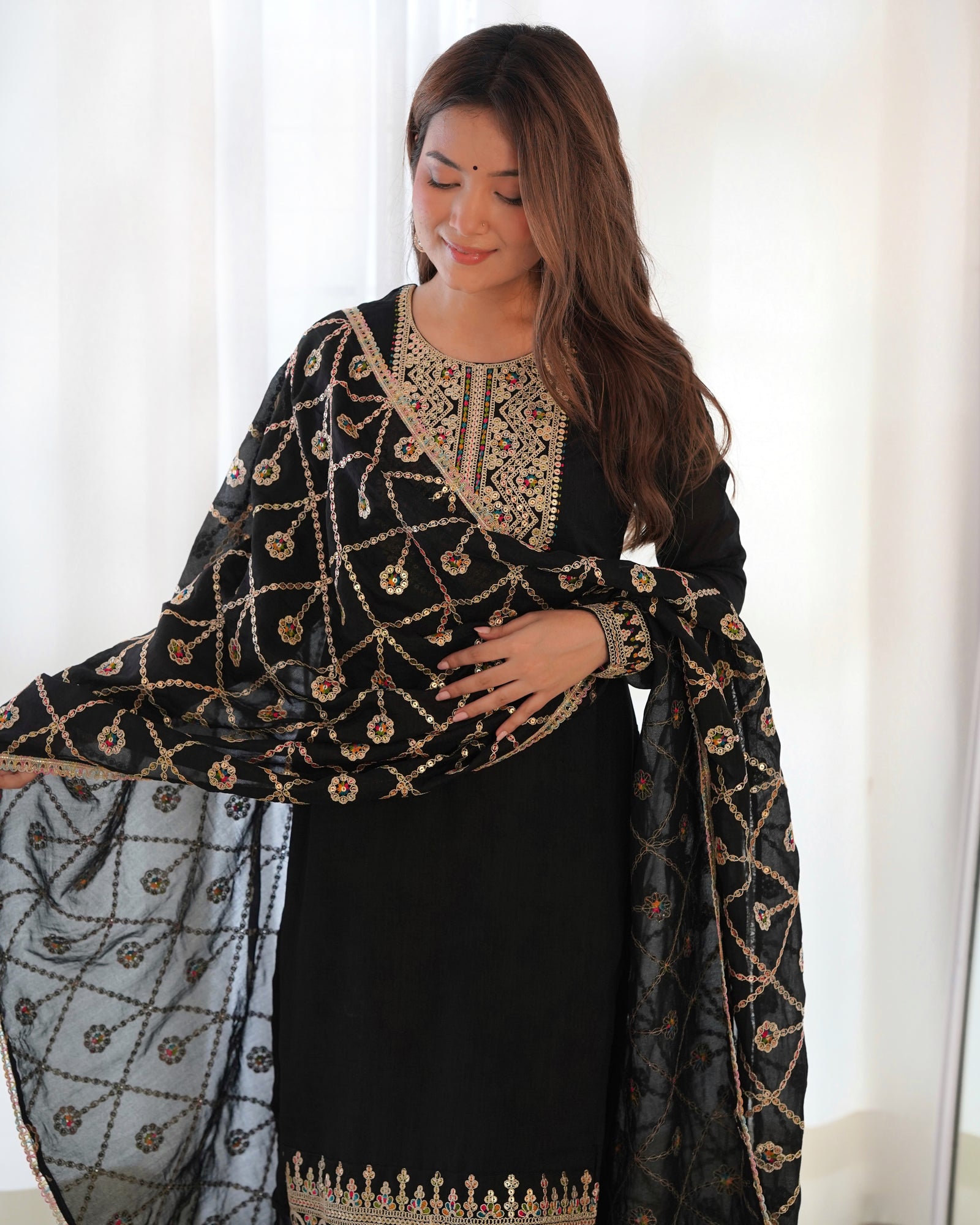 Black Elegant Pure Vichitra Silk Embroidered Kurta with Dupatta & Trousers – Ready to Wear Set