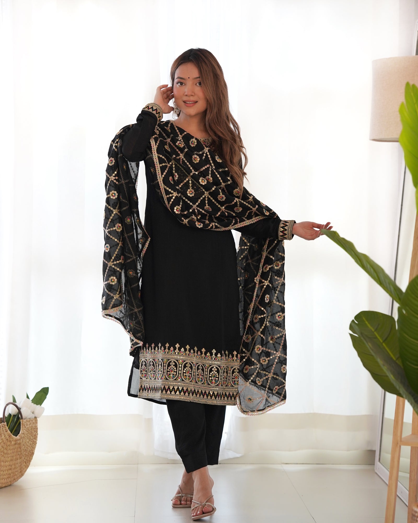 Black Elegant Pure Vichitra Silk Embroidered Kurta with Dupatta & Trousers – Ready to Wear Set