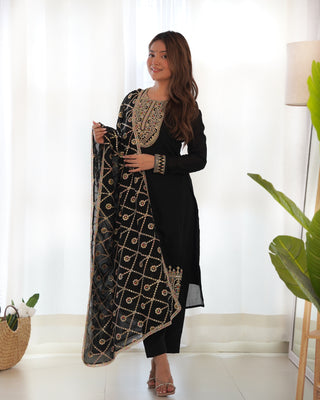 Black Elegant Pure Vichitra Silk Embroidered Kurta with Dupatta & Trousers – Ready to Wear Set