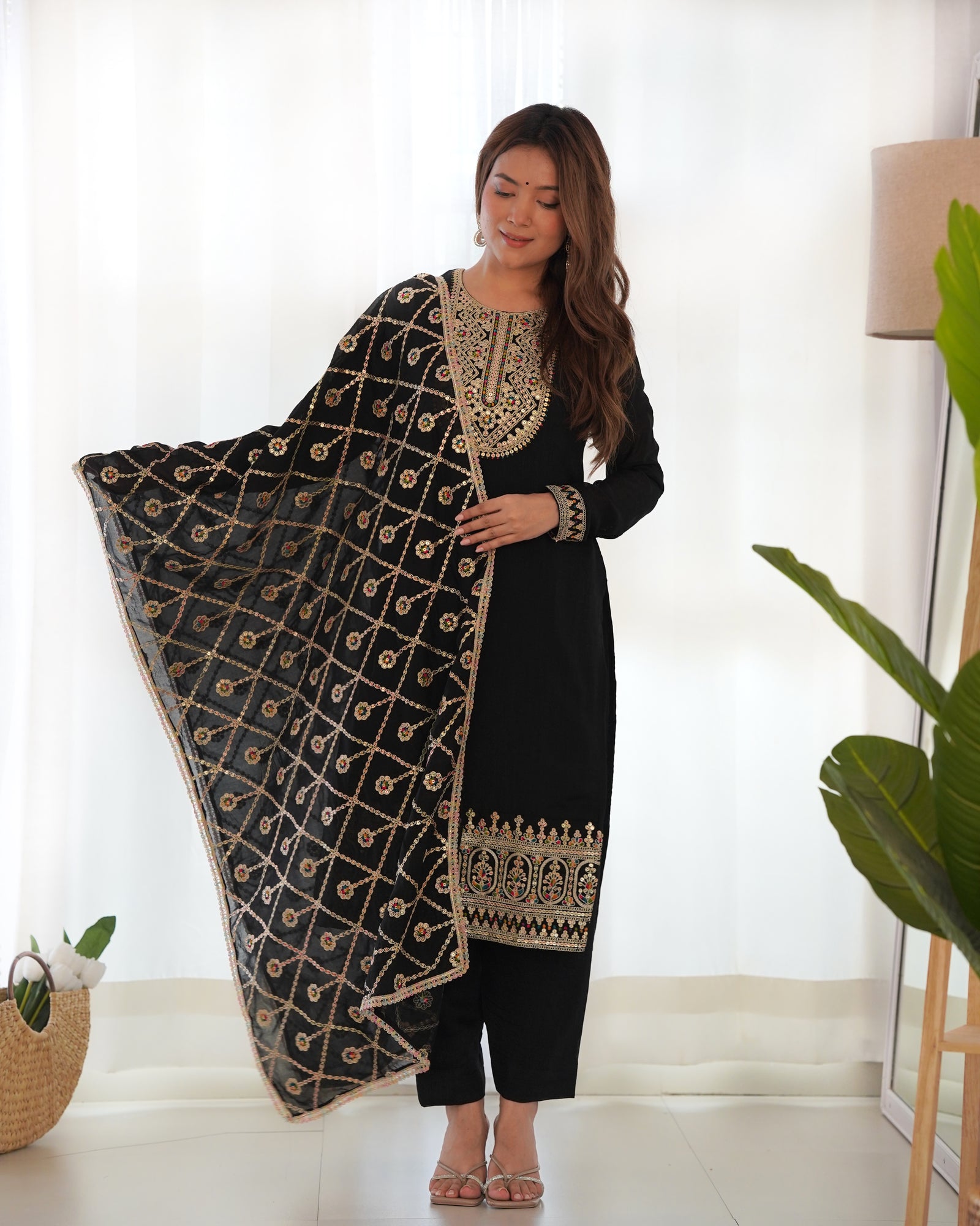 Black Elegant Pure Vichitra Silk Embroidered Kurta with Dupatta & Trousers – Ready to Wear Set