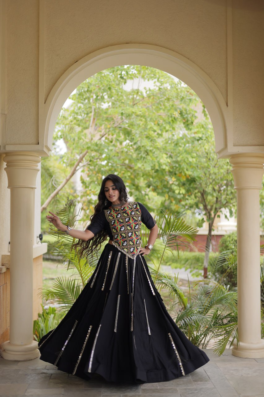 Black Elegant Rayon Mirror Work Lehenga ClothsVilla