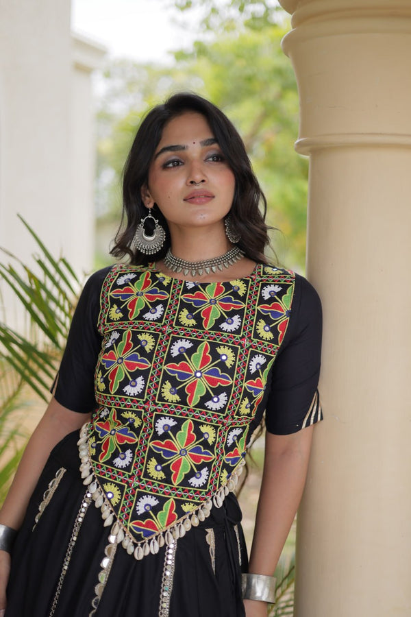 Black Elegant Rayon Mirror Work Lehenga ClothsVilla