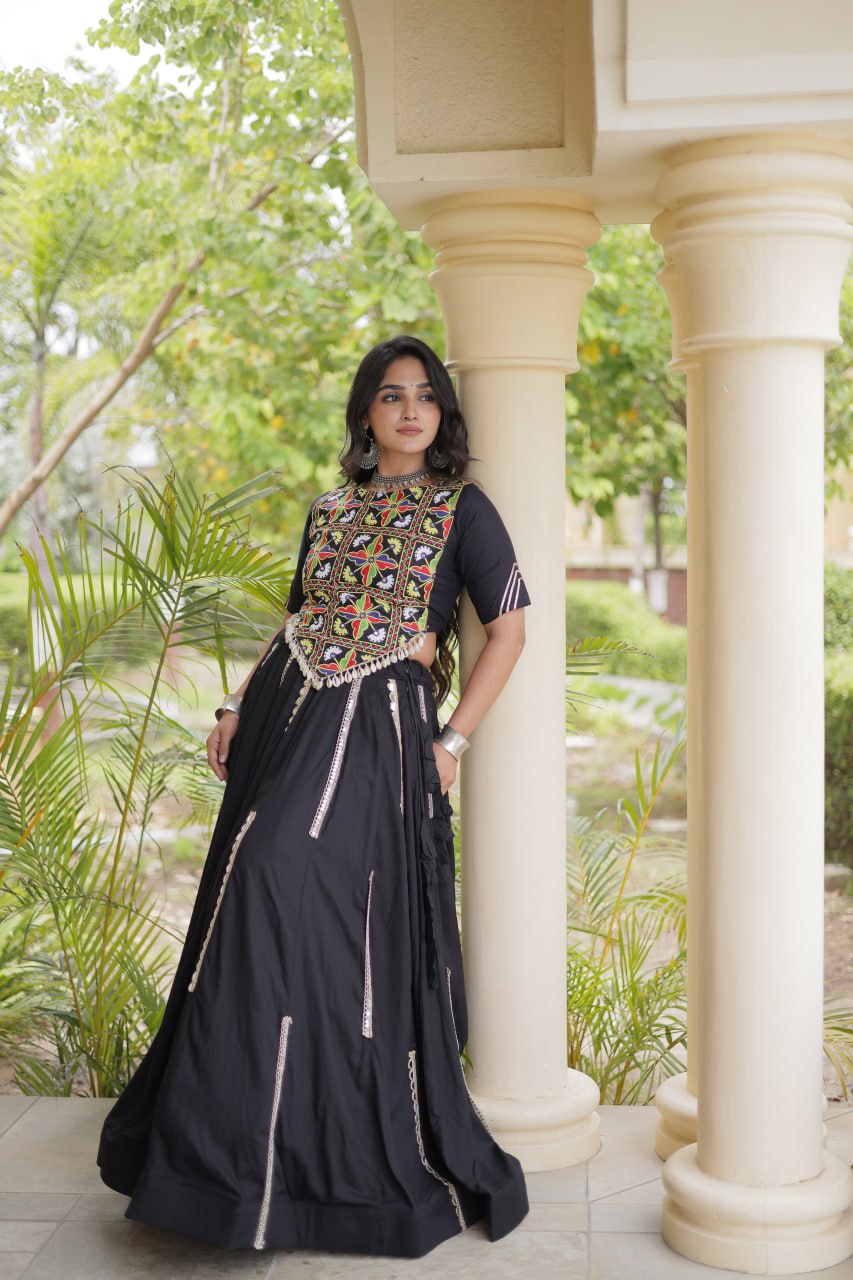 Black Elegant Rayon Mirror Work Lehenga ClothsVilla