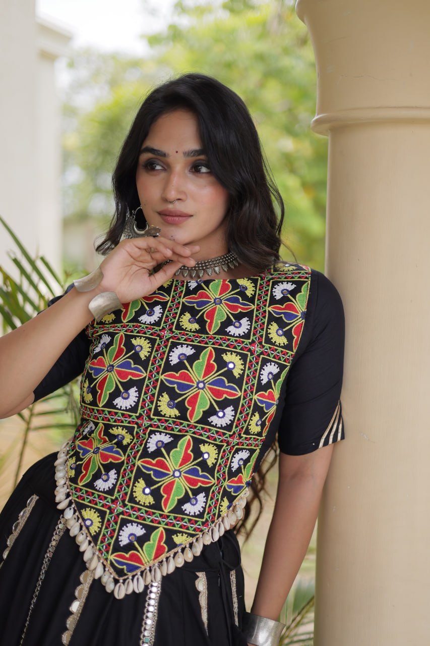 Black Elegant Rayon Mirror Work Lehenga ClothsVilla