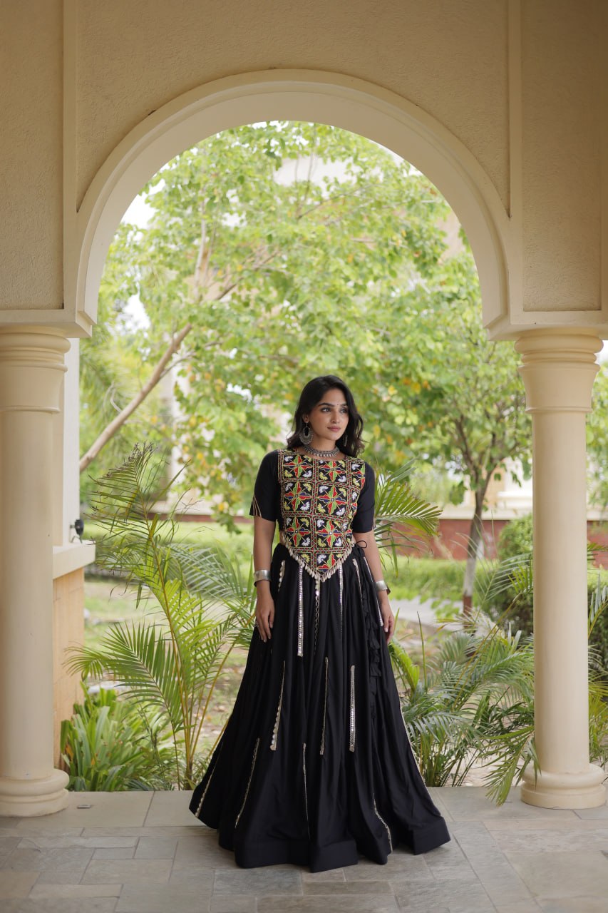 Black Elegant Rayon Mirror Work Lehenga ClothsVilla