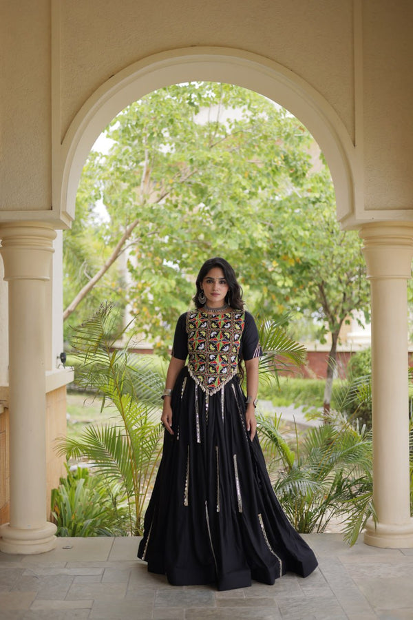 Black Elegant Rayon Mirror Work Lehenga ClothsVilla