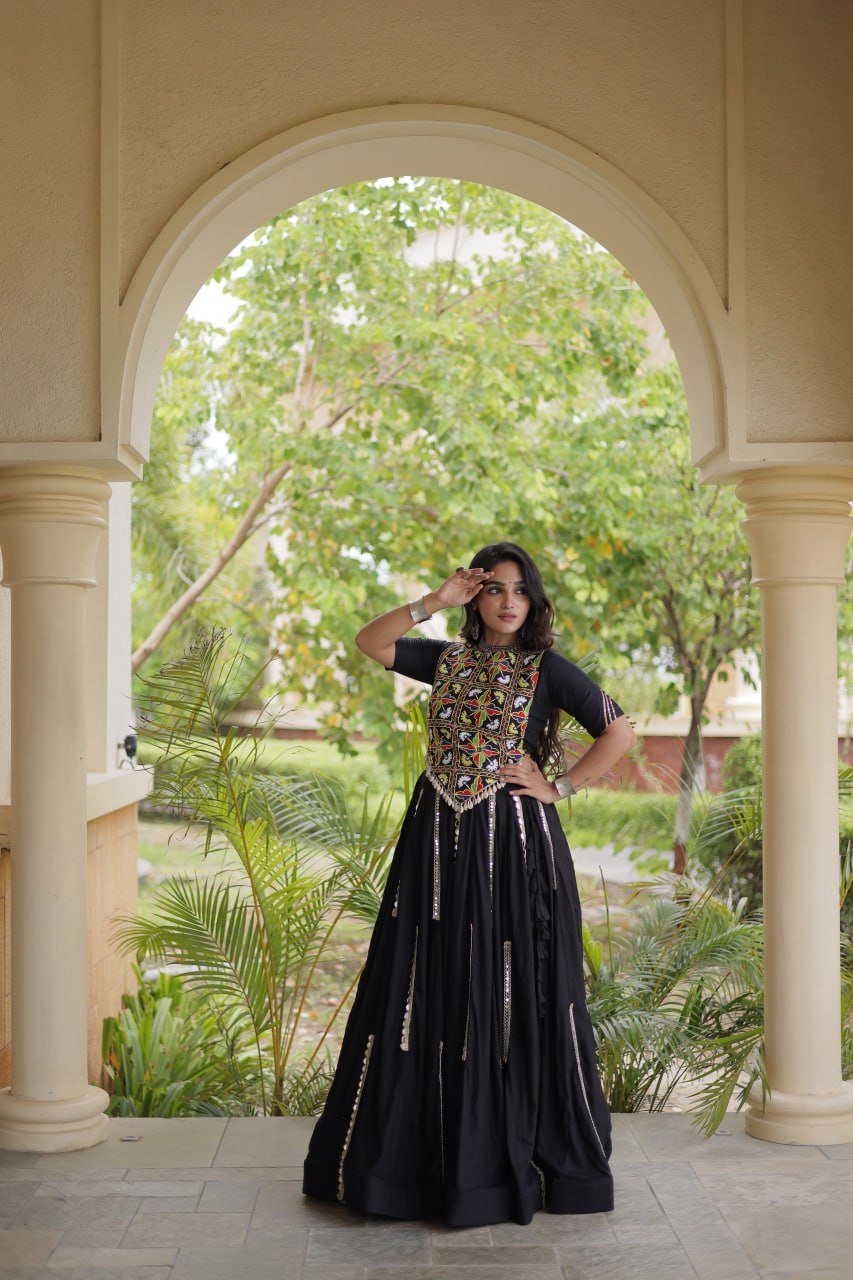 Black Elegant Rayon Mirror Work Lehenga ClothsVilla