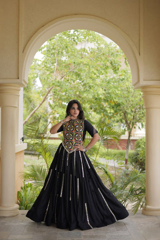 Black Elegant Rayon Mirror Work Lehenga ClothsVilla