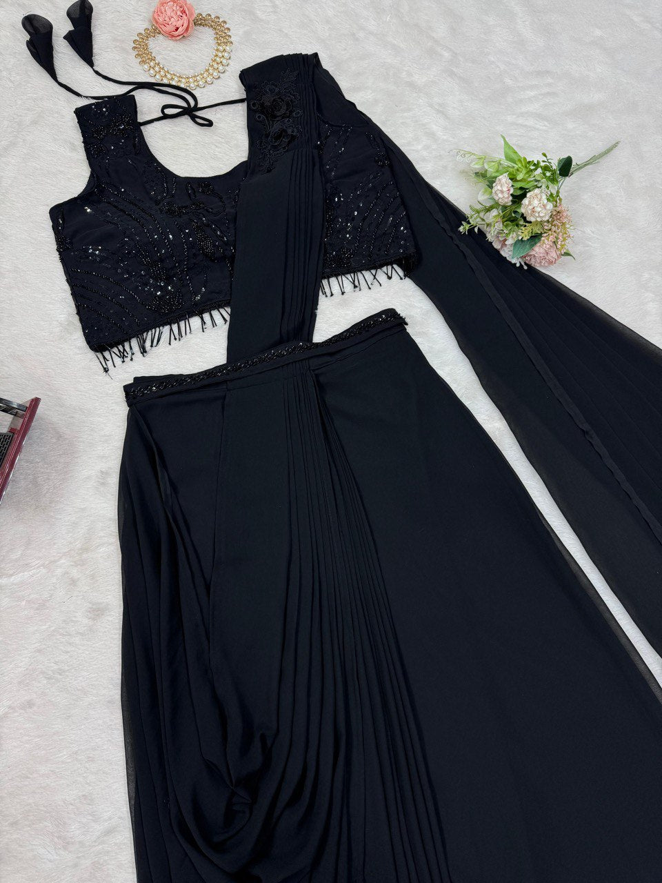 Black Elegant Ready-to-Wear Dhoti Style Ensemble with Blouse & Waist Belt