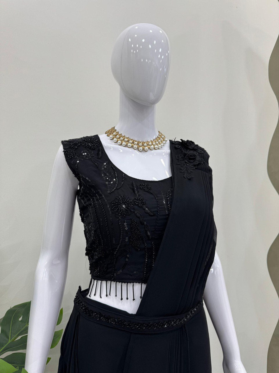 Black Elegant Ready-to-Wear Dhoti Style Ensemble with Blouse & Waist Belt