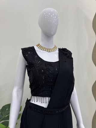 Black Elegant Ready-to-Wear Dhoti Style Ensemble with Blouse & Waist Belt