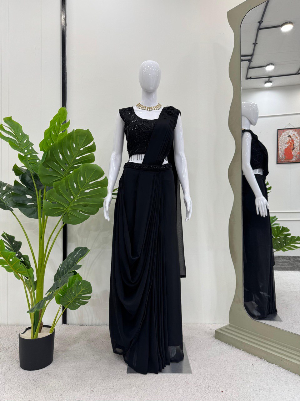 Black Elegant Ready-to-Wear Dhoti Style Ensemble with Blouse & Waist Belt