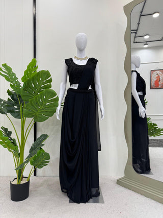 Black Elegant Ready-to-Wear Dhoti Style Ensemble with Blouse & Waist Belt