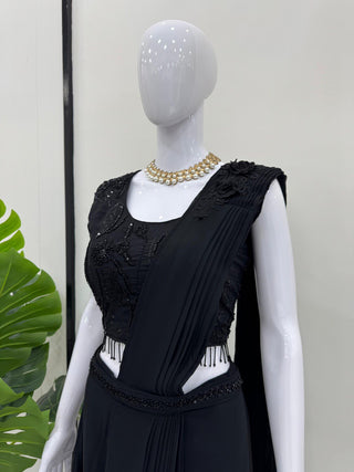 Black Elegant Ready-to-Wear Dhoti Style Ensemble with Blouse & Waist Belt