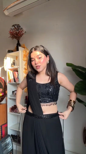 Black Elegant Ready-to-Wear Dhoti Style Ensemble with Blouse & Waist Belt