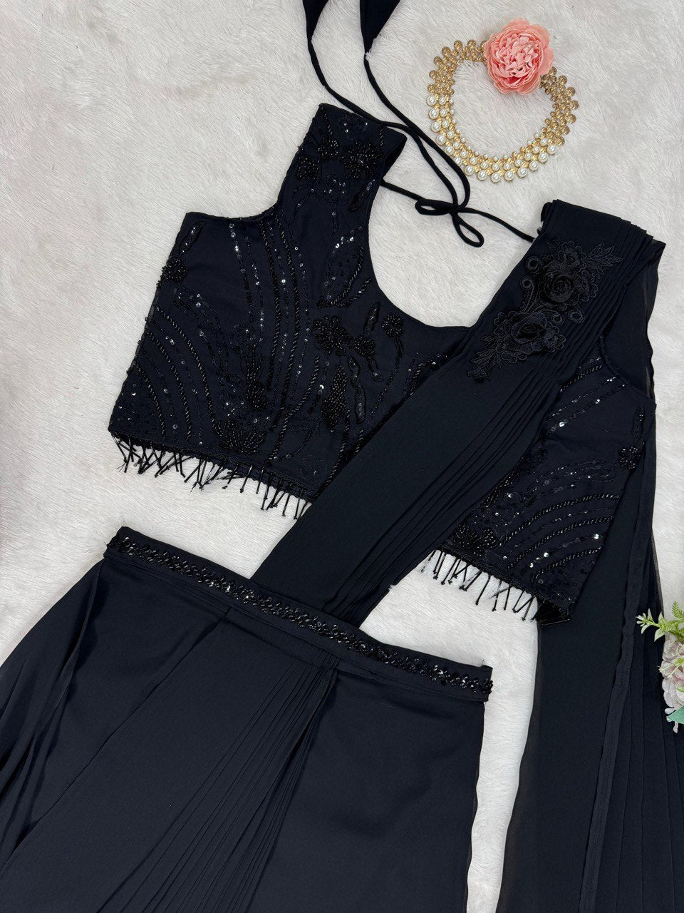 Black Elegant Ready-to-Wear Dhoti Style Ensemble with Blouse & Waist Belt