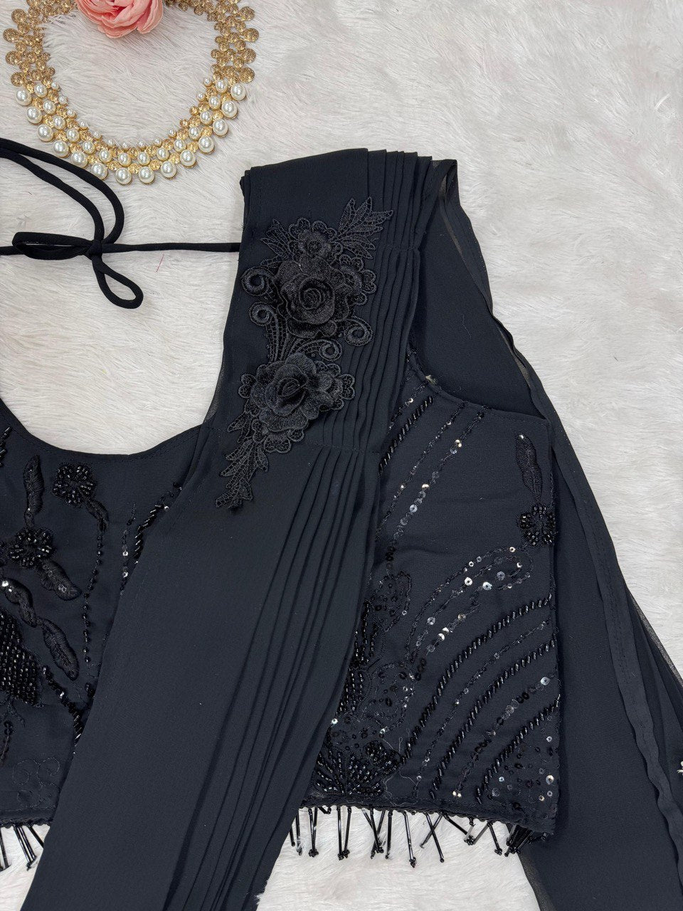 Black Elegant Ready-to-Wear Dhoti Style Ensemble with Blouse & Waist Belt