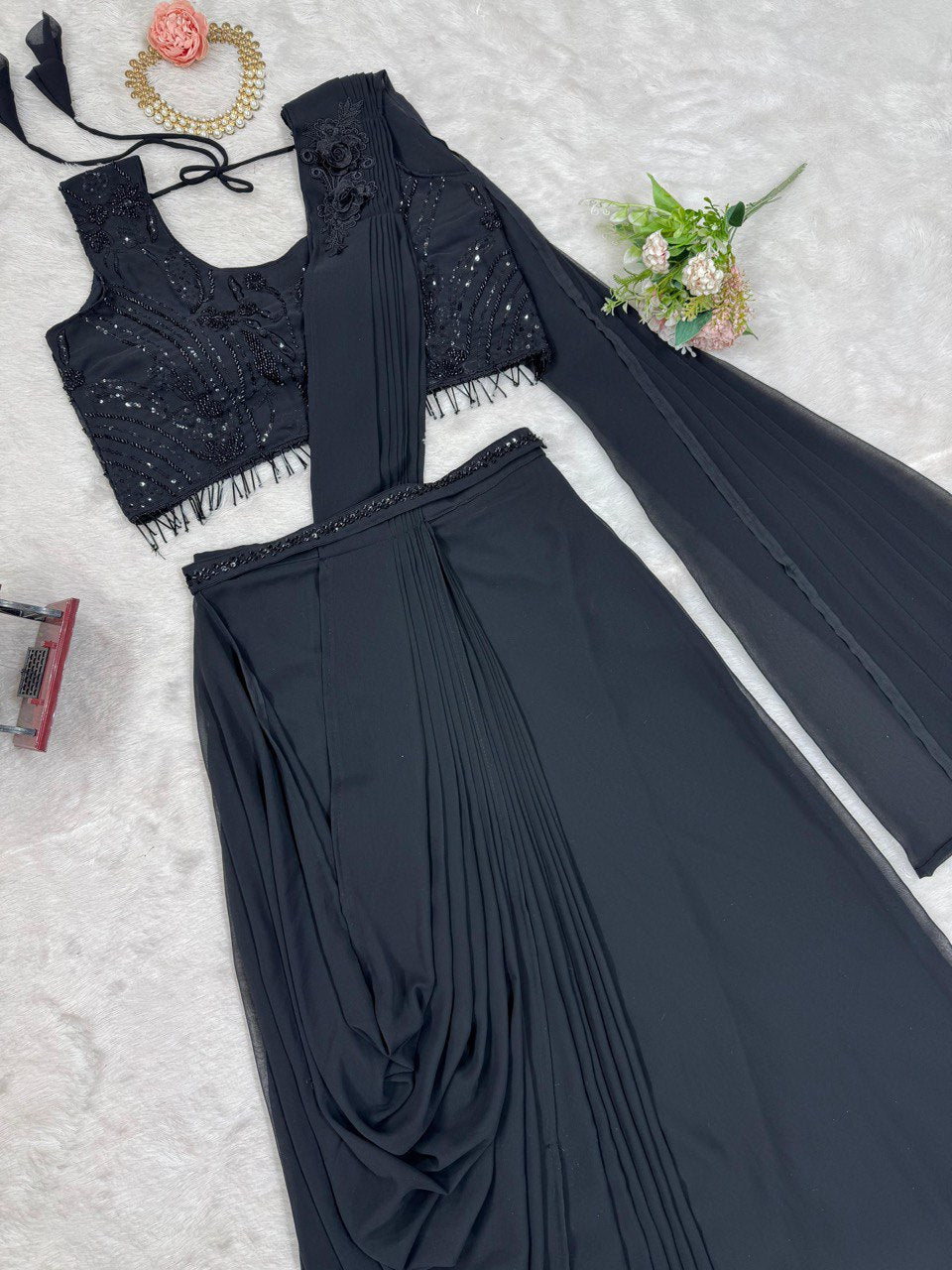 Black Elegant Ready-to-Wear Dhoti Style Ensemble with Blouse & Waist Belt