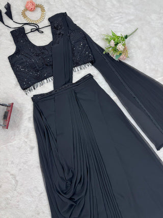 Black Elegant Ready-to-Wear Dhoti Style Ensemble with Blouse & Waist Belt